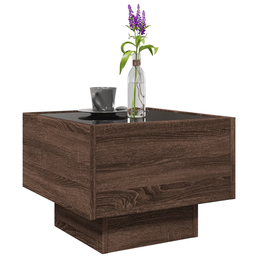 sidebord med LED-lys 40x40x30 cm konstrueret træ brunt eg