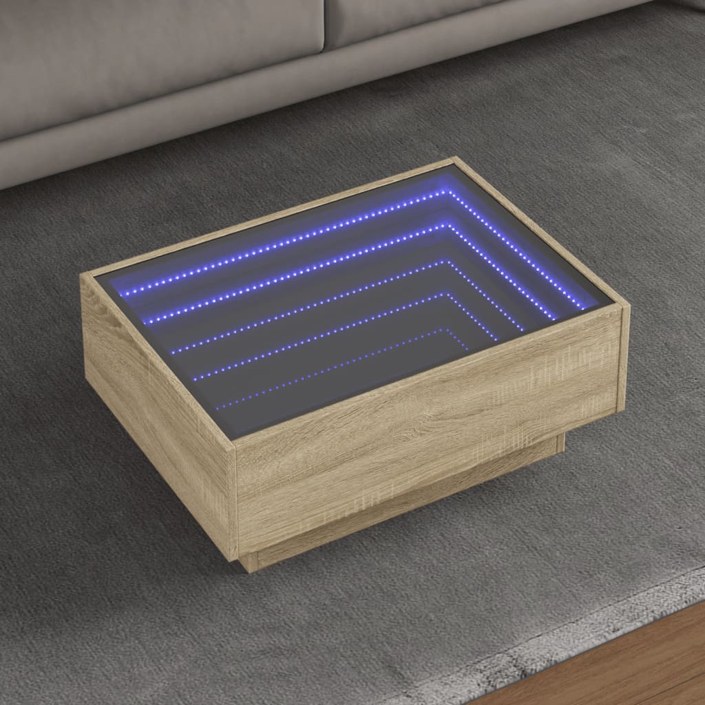 sofabord med LED-lys 70x50x30 cm konstrueret træ sonoma-eg