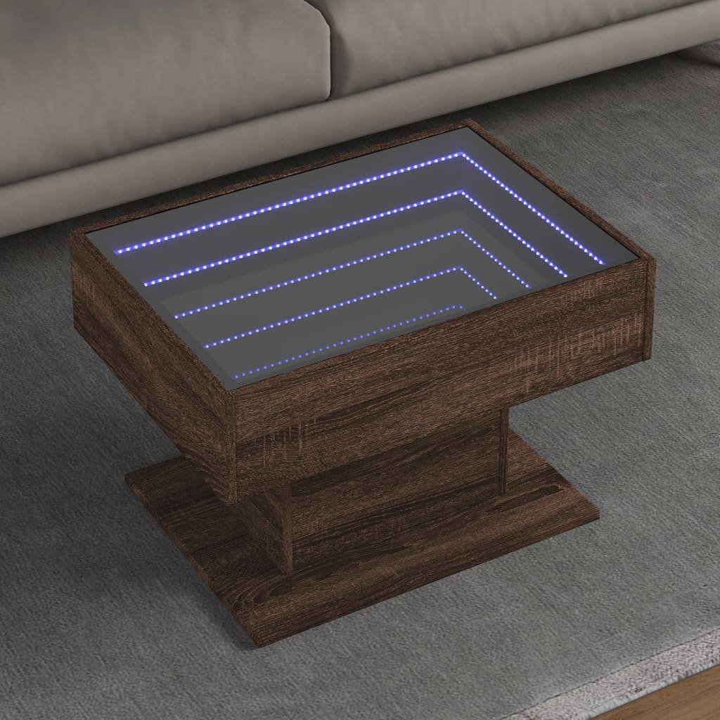 sofabord med LED-lys 70x50x45 cm konstrueret træ brunt eg