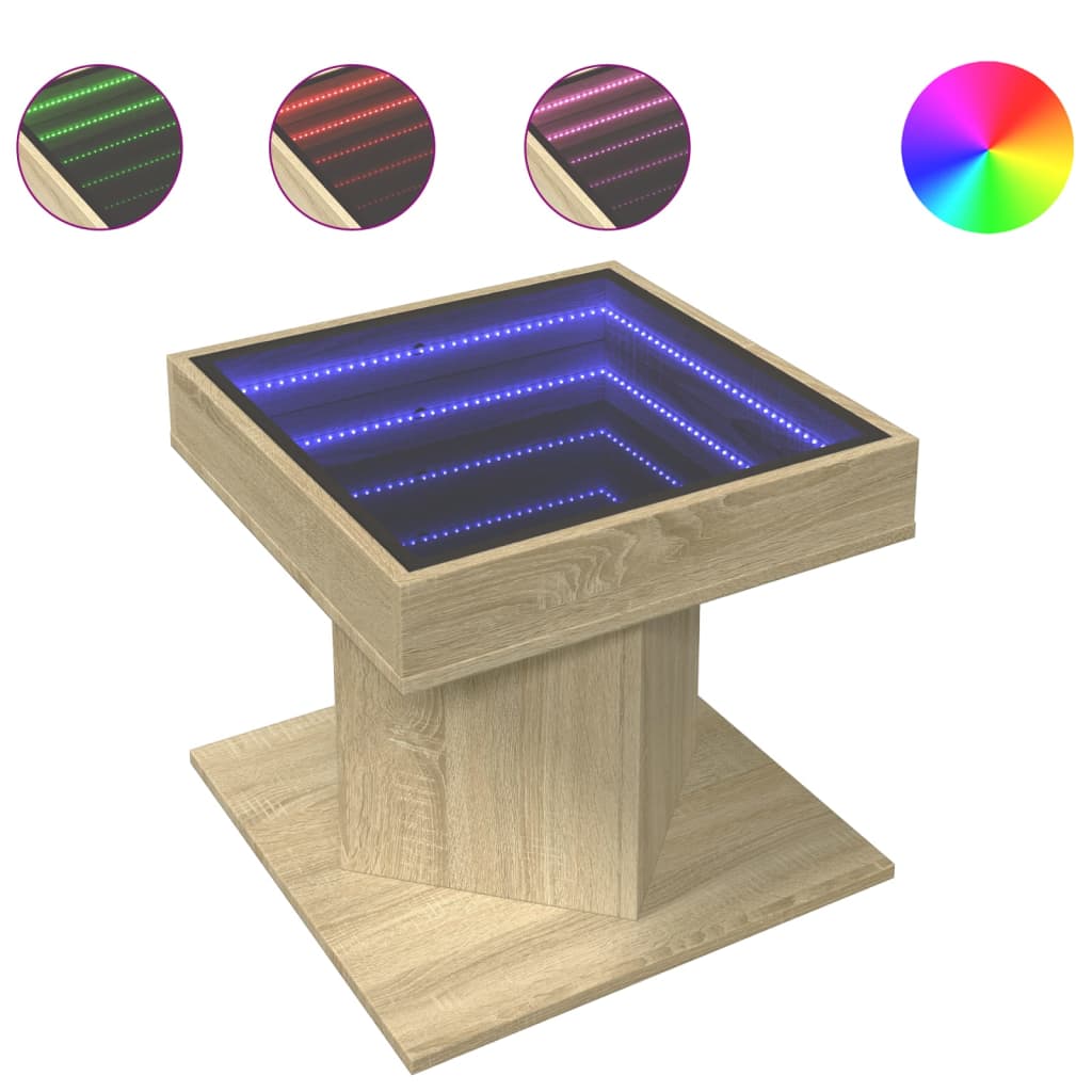 sofabord med LED-lys 50x50x45 cm konstrueret træ sonoma-eg