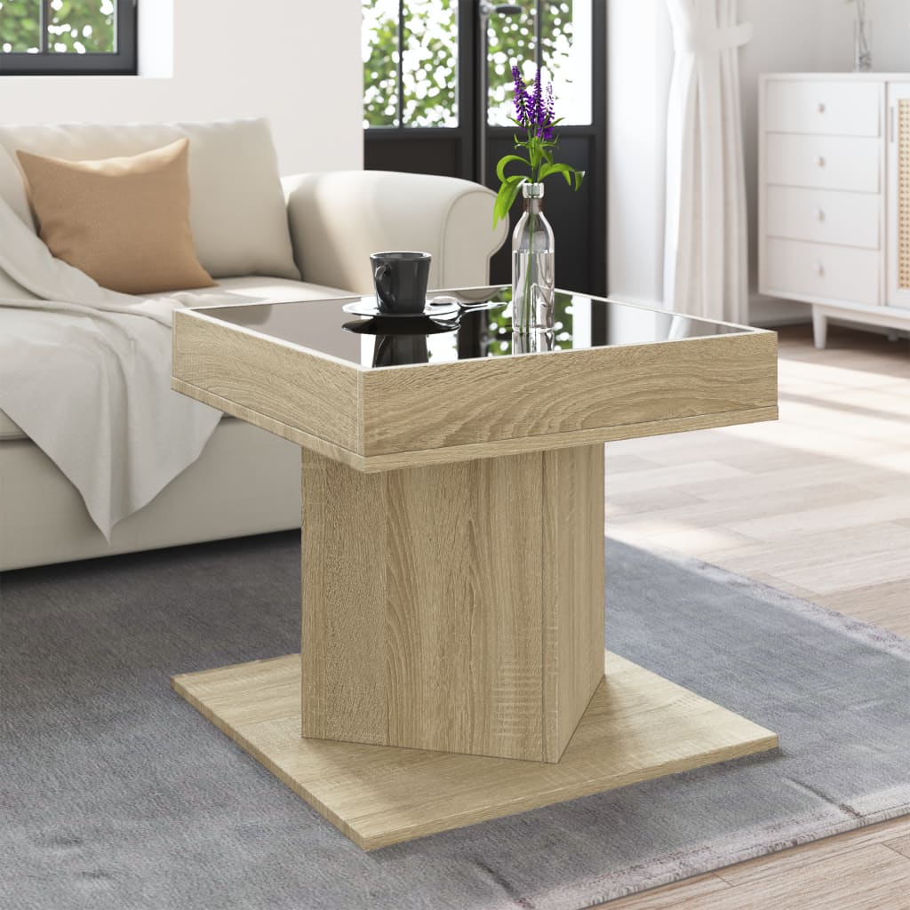 sofabord med LED-lys 50x50x45 cm konstrueret træ sonoma-eg