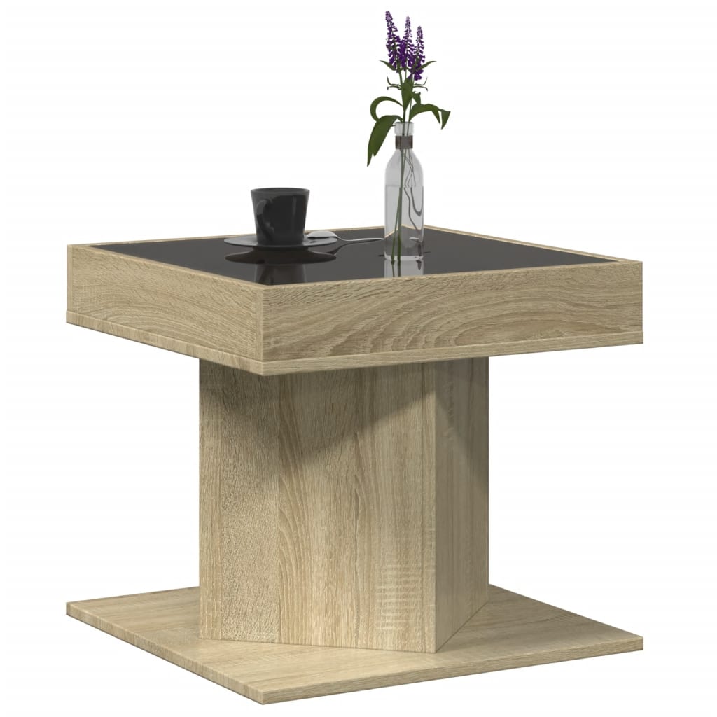 sofabord med LED-lys 50x50x45 cm konstrueret træ sonoma-eg