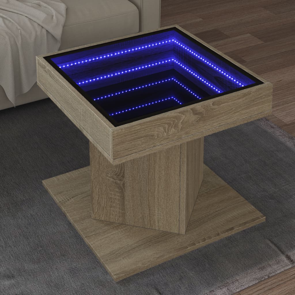 sofabord med LED-lys 50x50x45 cm konstrueret træ sonoma-eg