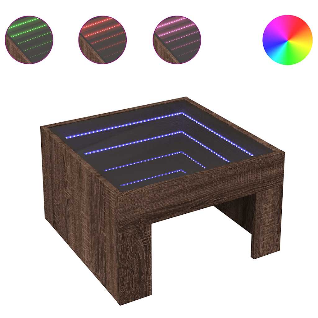 sofabord med Infinity LED-lys 50x50x30 cm brun egetræsfarve