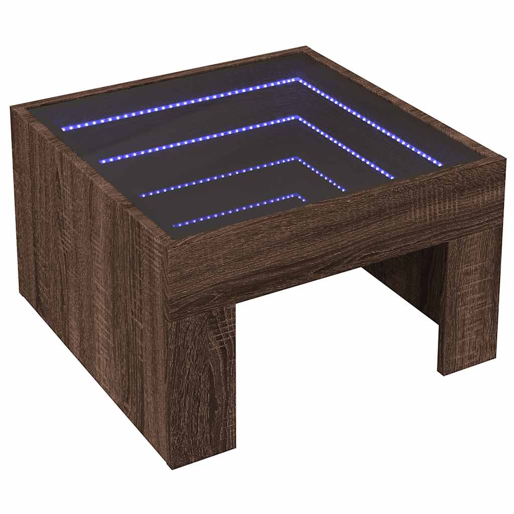 sofabord med Infinity LED-lys 50x50x30 cm brun egetræsfarve