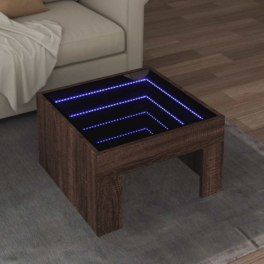 sofabord med Infinity LED-lys 50x50x30 cm brun egetræsfarve