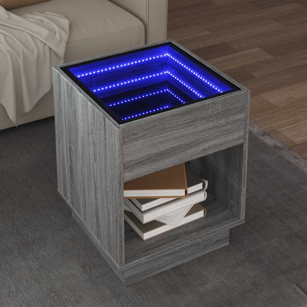 sofabord med Infinity LED-lys 40x40x50 cm grå sonoma-eg