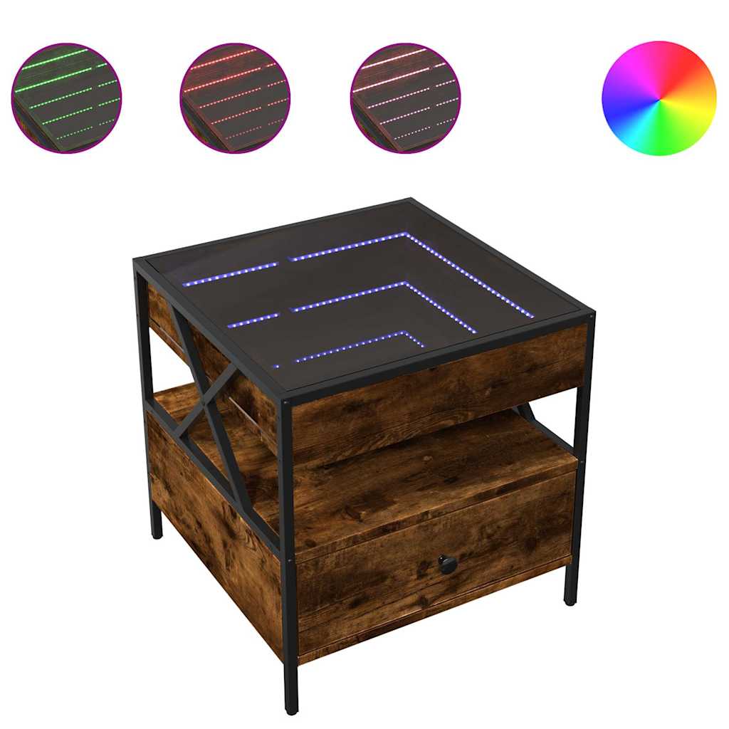 sofabord med Infinity LED-lys 50x50x51 cm røget egetræsfarve