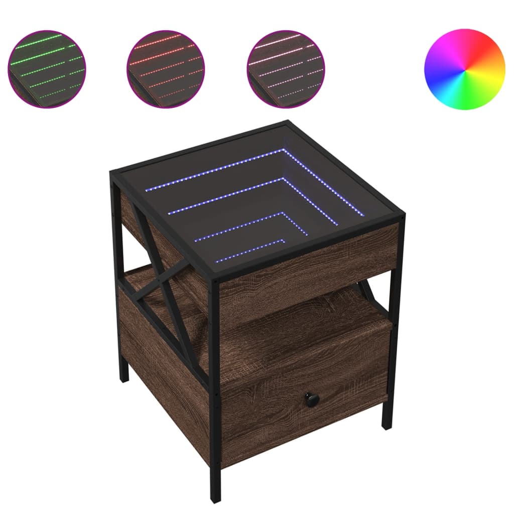 sofabord med Infinity LED-lys 40x40x51 cm brun egetræsfarve