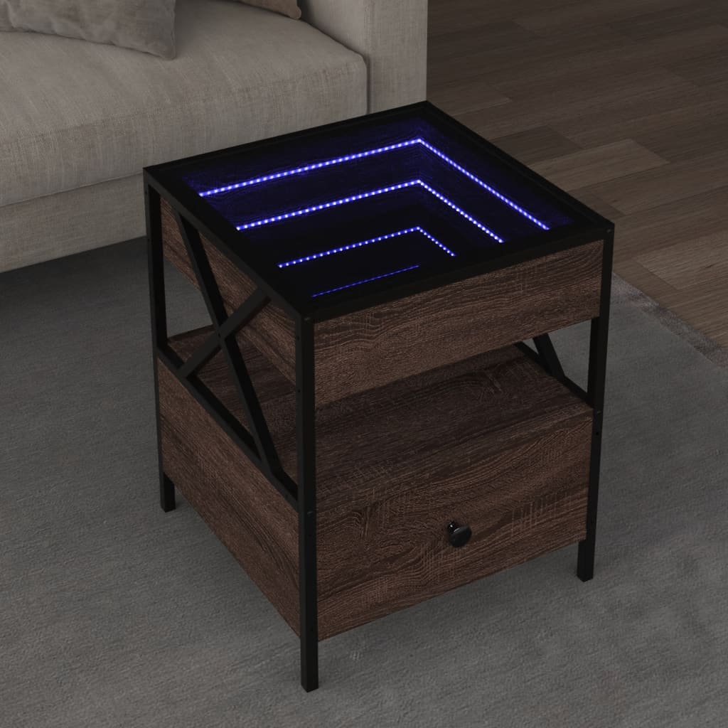 sofabord med Infinity LED-lys 40x40x51 cm brun egetræsfarve