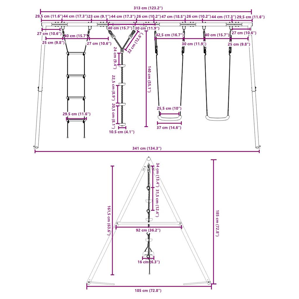 gyngestativ med gynger + stige og rebgynge