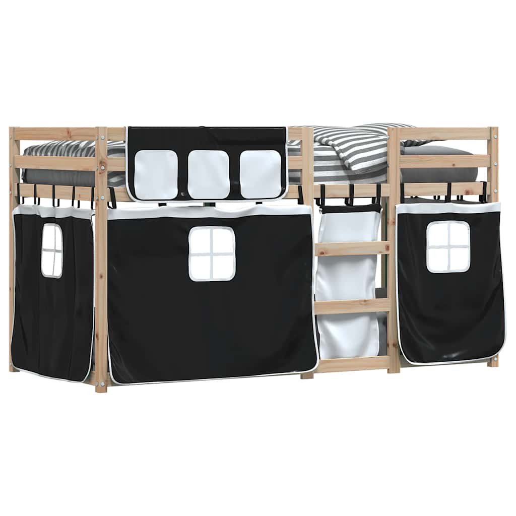 køjeseng med gardiner 90x190 cm massivt fyrretræ hvid og sort