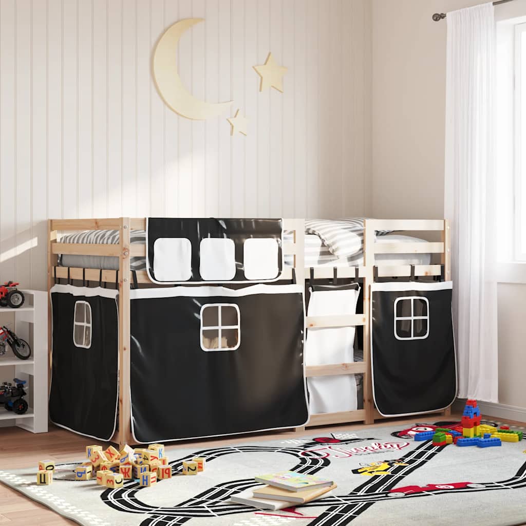 køjeseng med gardiner 90x190 cm massivt fyrretræ hvid og sort