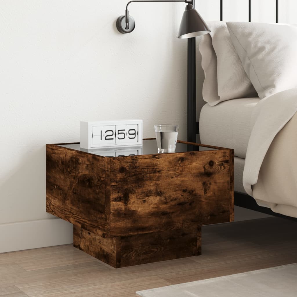 sengebord med Infinity LED-lys 40x40x30 cm røget egetræsfarve