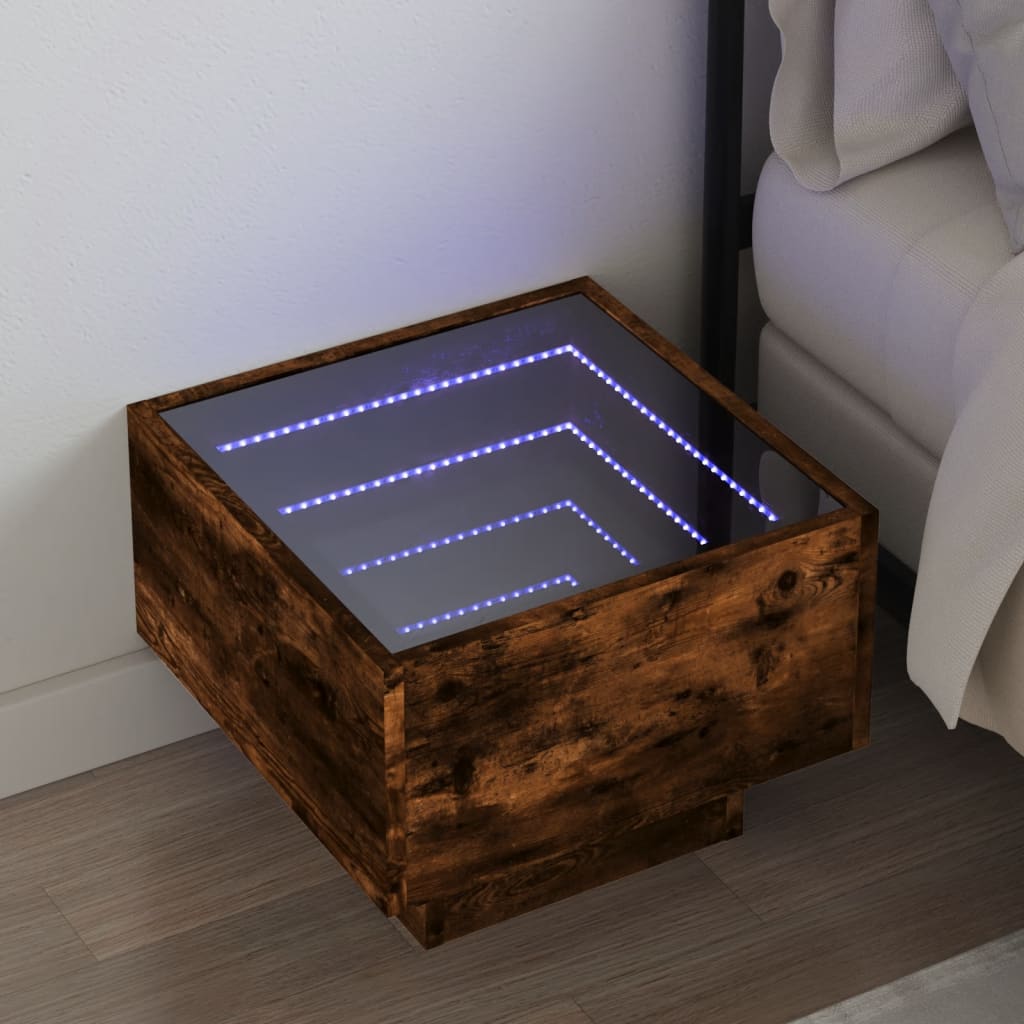 sengebord med Infinity LED-lys 40x40x30 cm røget egetræsfarve