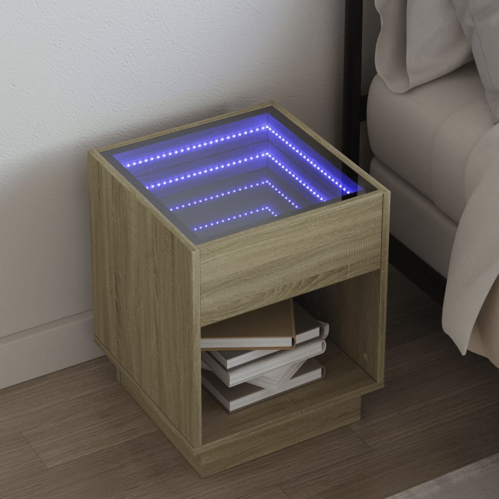 sengebord med Infinity LED-lys 40x40x50 cm sonoma-eg