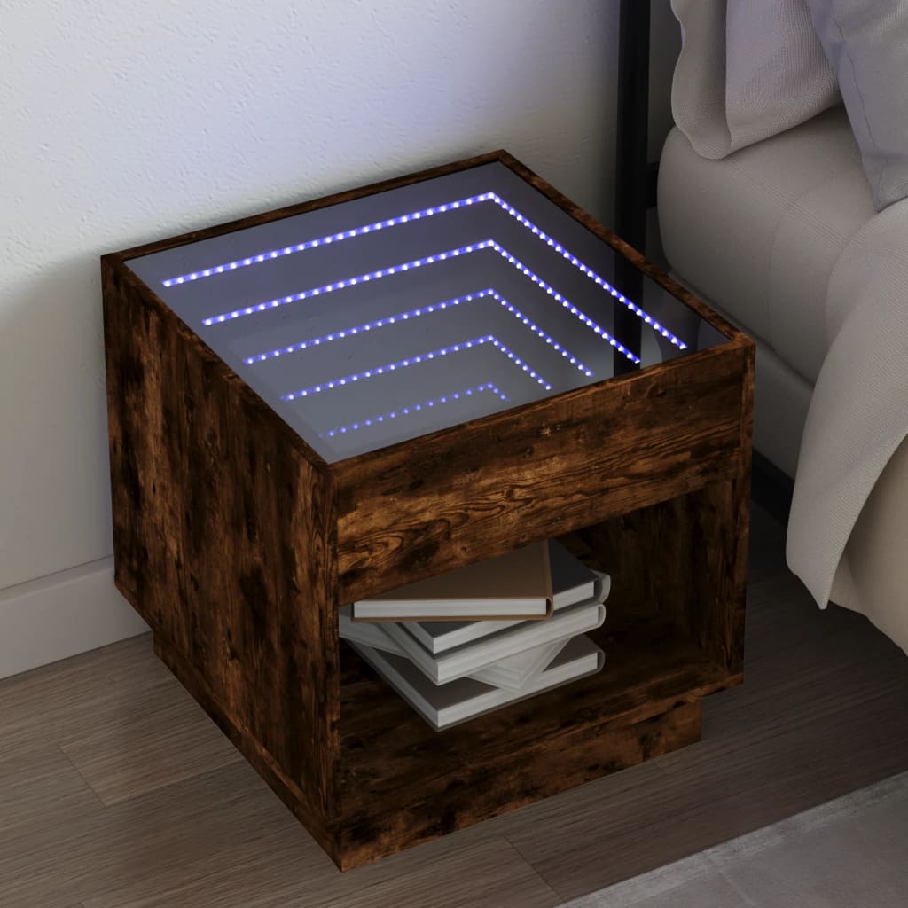 sengebord med Infinity LED-lys 50x50x50 cm røget egetræsfarve