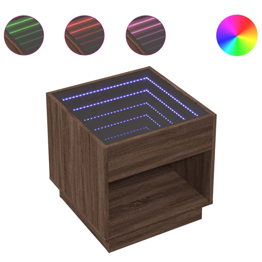 sengebord med Infinity LED-lys 50x50x50 cm brun egetræsfarve