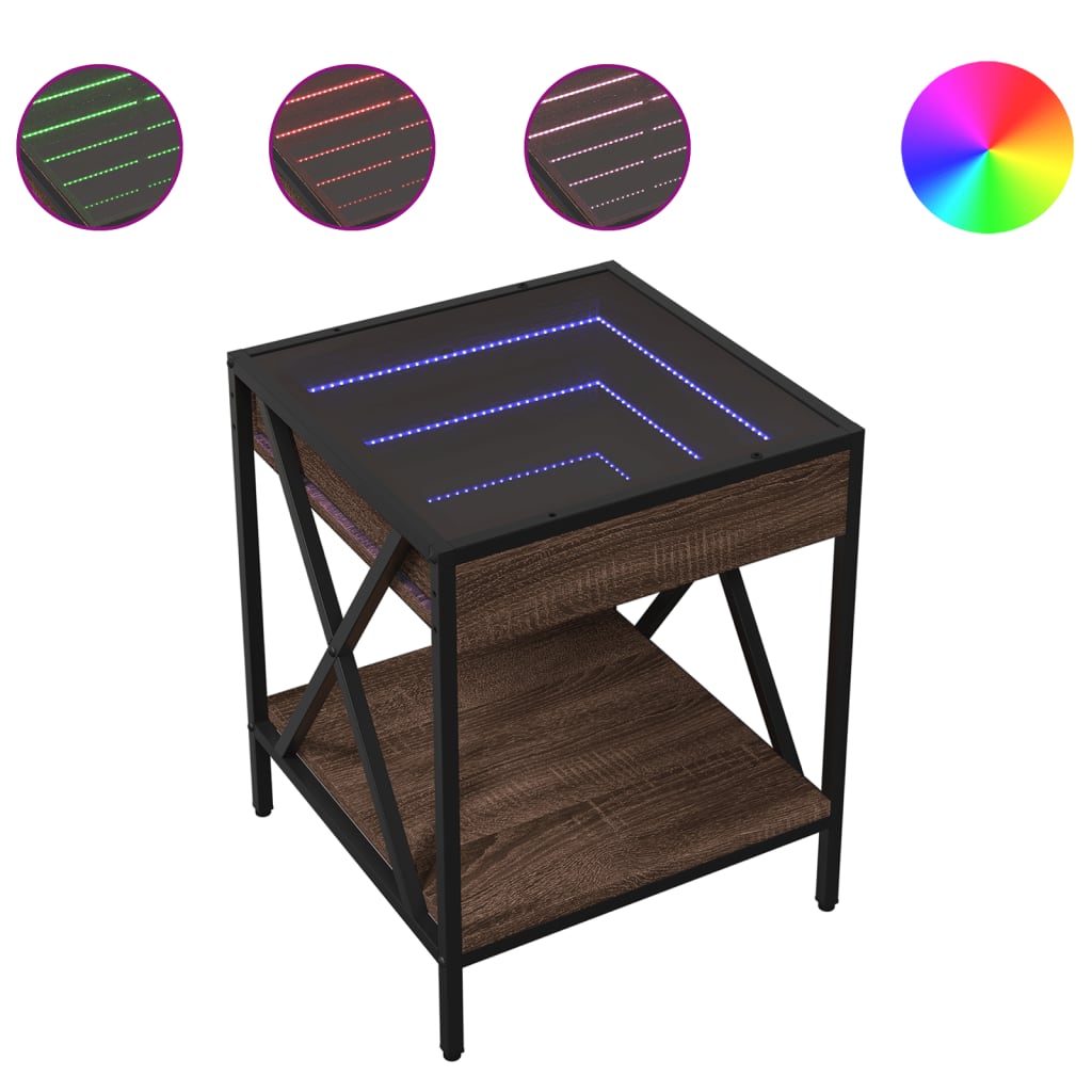 sengebord med Infinity LED-lys 40x40x49 cm brun egetræsfarve