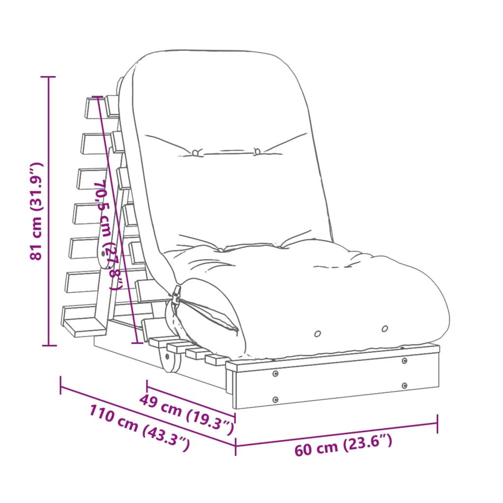 futon med madras 60x206x11 cm massivt fyrretræ