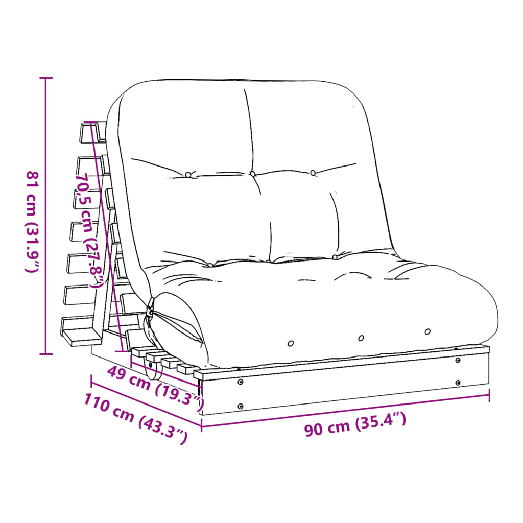 futon med madras 90x206x11 cm massivt fyrretræ