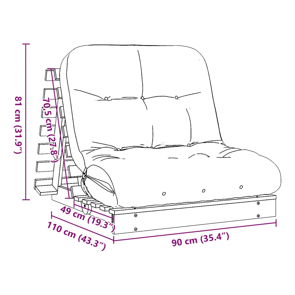 futon med madras 90x206x11 cm massivt fyrretræ