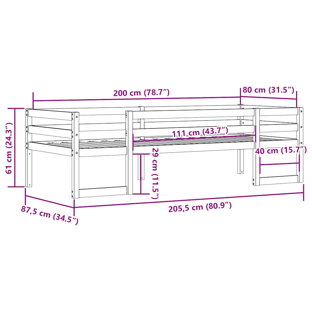 sengeramme til juniorseng 80x200 cm massivt fyrretræ gyldenbrun