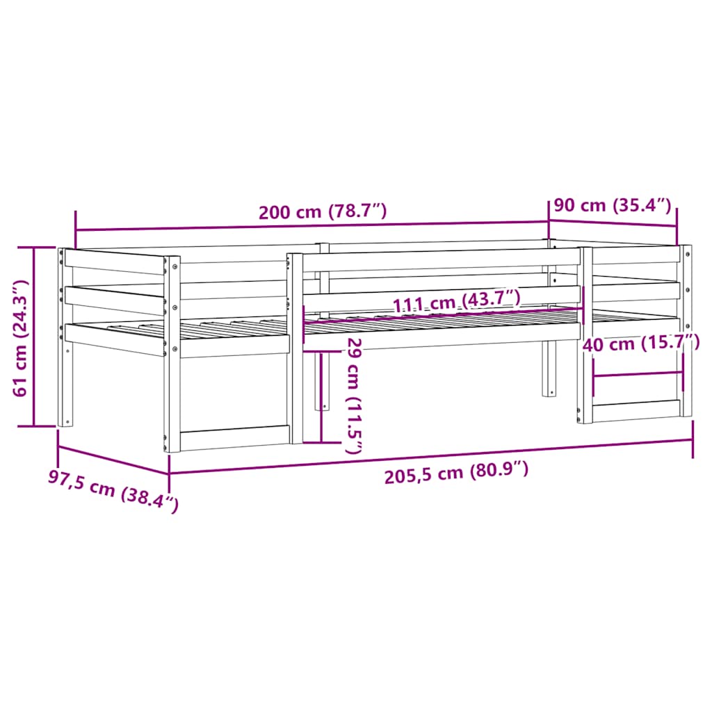 sengeramme til juniorseng 90x200 cm massivt fyrretræ gyldenbrun