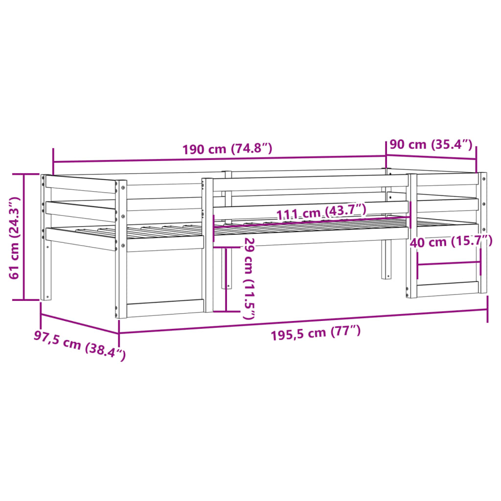 sengeramme til juniorseng 90x190 cm massivt fyrretræ hvid