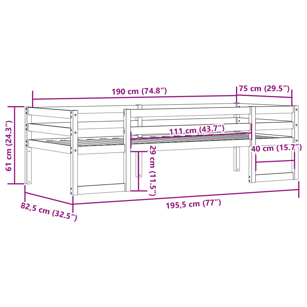 sengeramme til juniorseng 75x190 cm massivt fyrretræ sort