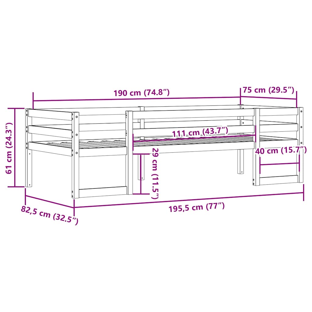 sengeramme til juniorseng 75x190 cm massivt fyrretræ hvid