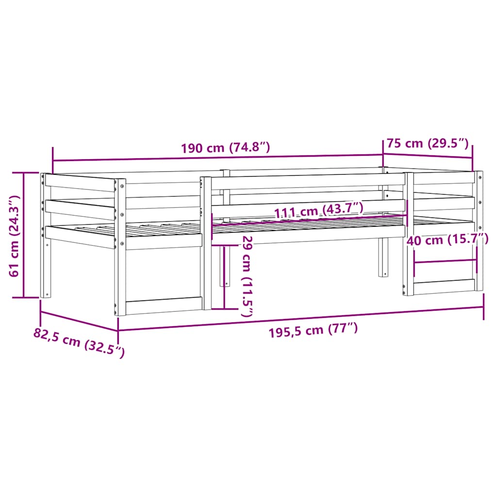 sengeramme til juniorseng 75x190 cm massivt fyrretræ gyldenbrun