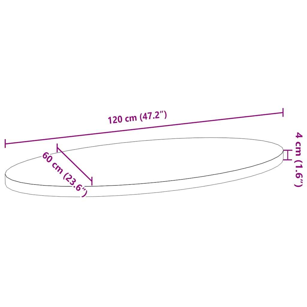 bordplade 120x60x4 cm massivt egetræ oval lysebrun