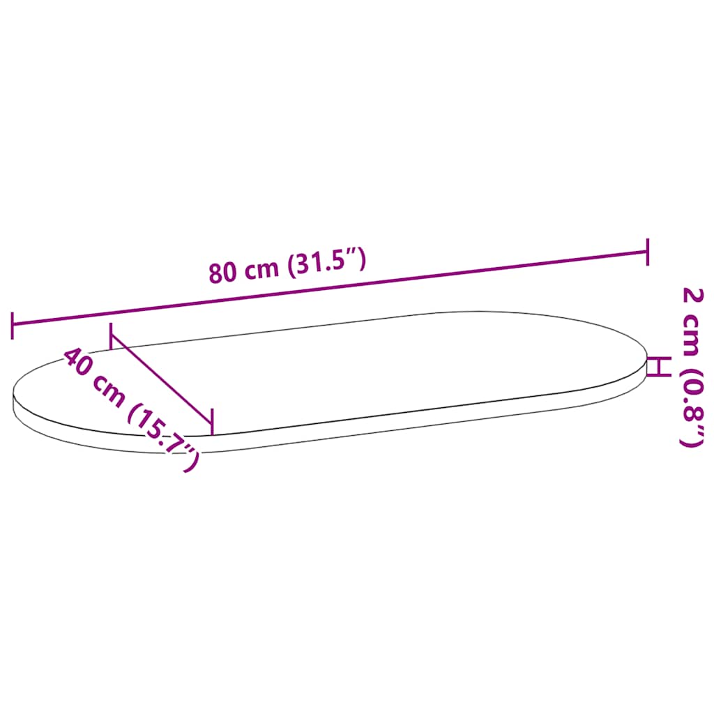 bordplade 80x40x2 cm massivt egetræ oval