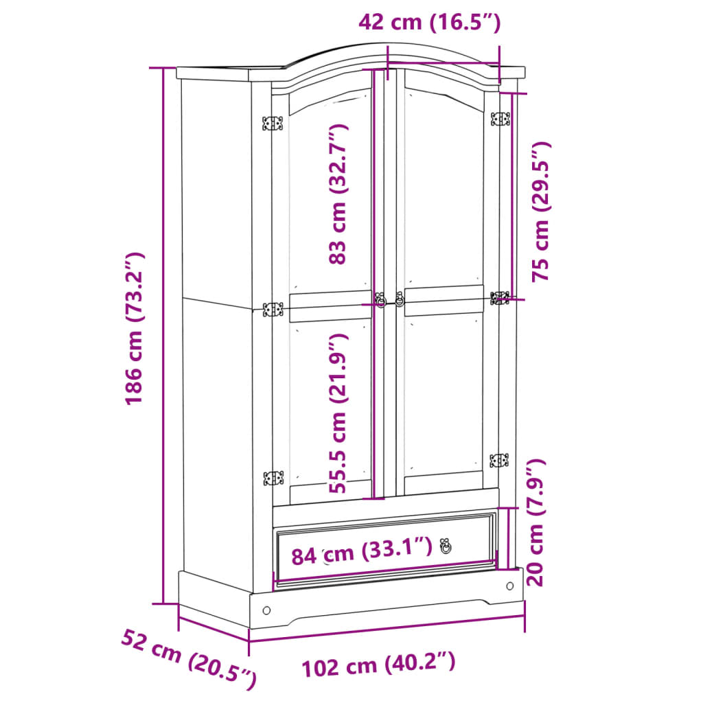 klædeskab Corona 102x52x186 cm massivt fyrretræ