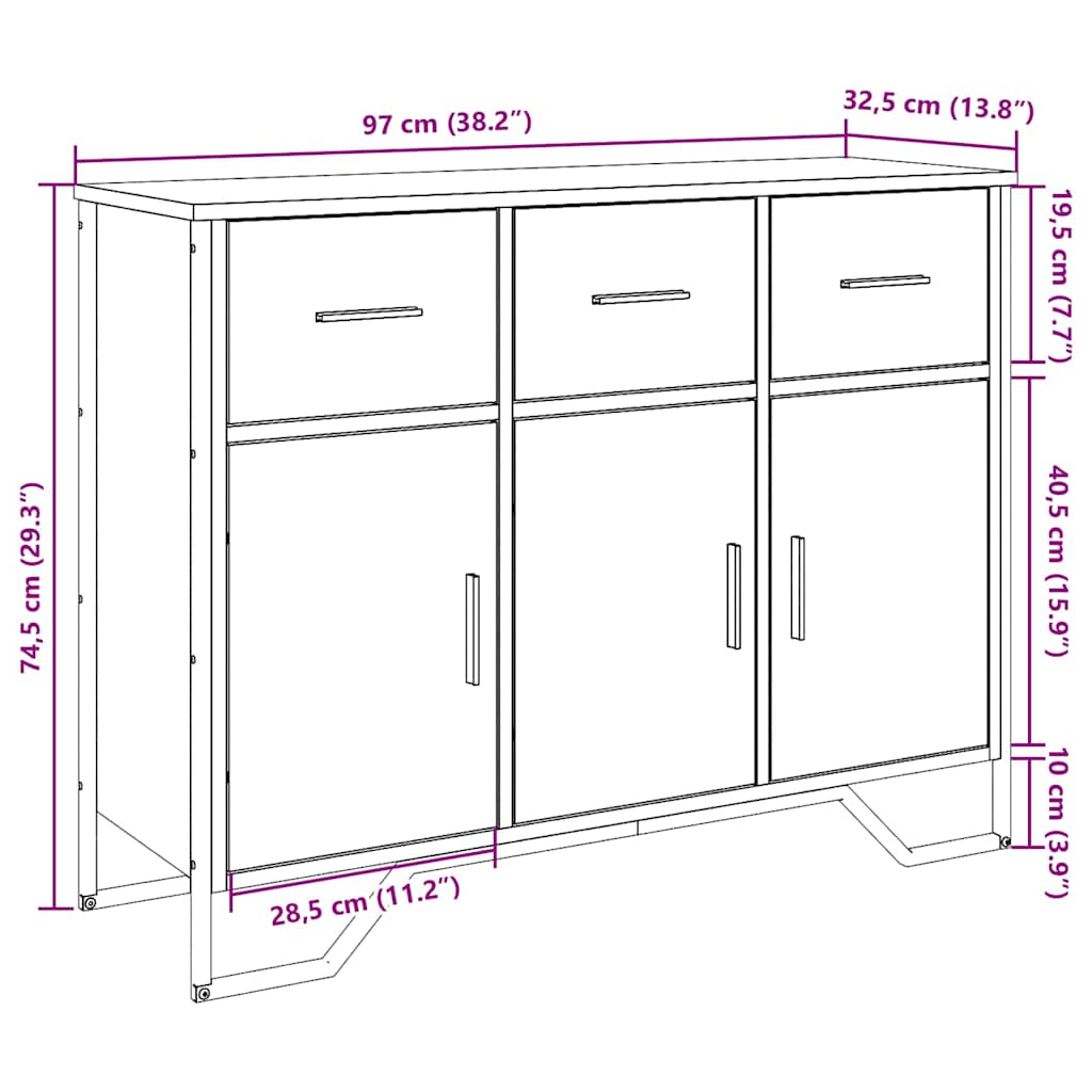 skænk 97x32,5x74,5 cm konstrueret træ røget egetræsfarve