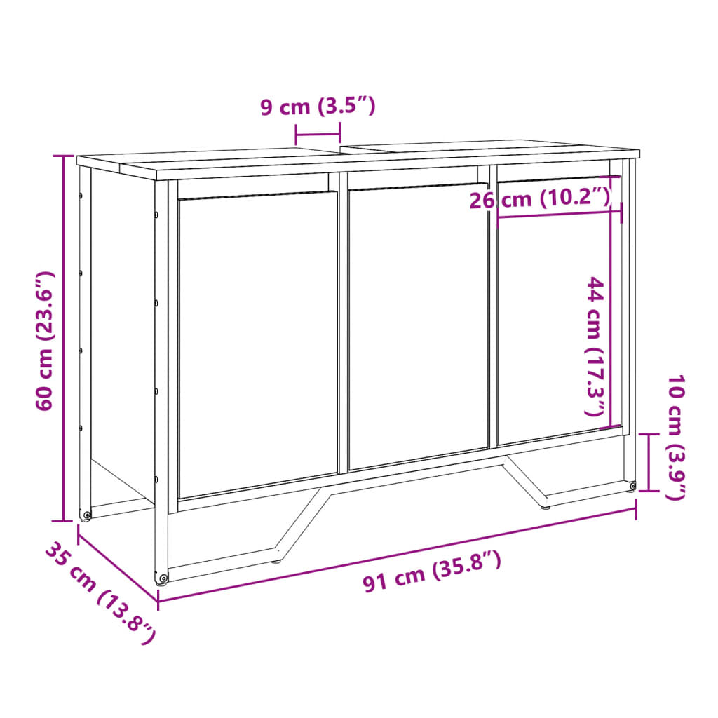 underskab til håndvask 91x35x60 cm konstrueret træ røget eg