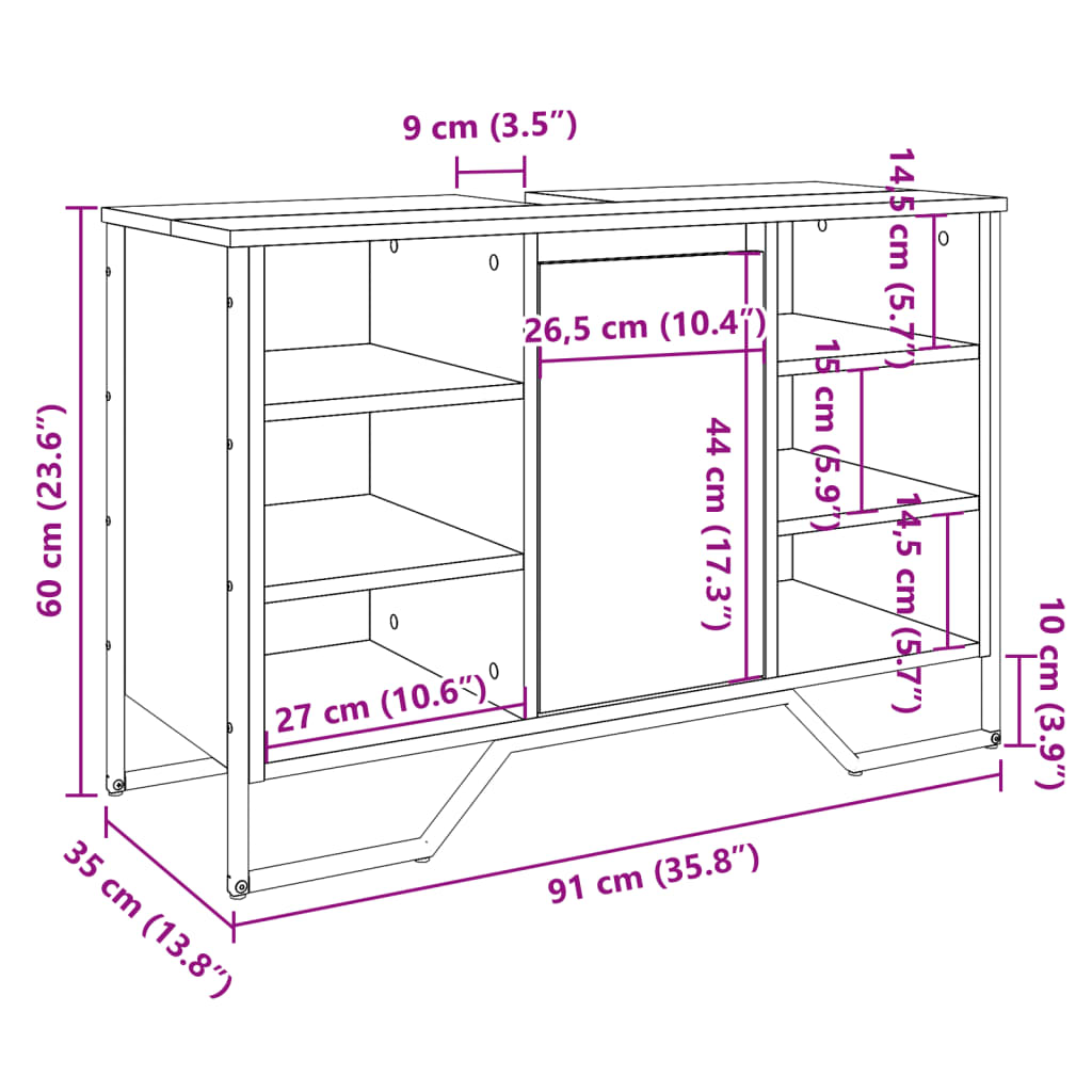 underskab til vask 91x35x60 cm konstrueret træ grå sonoma-eg