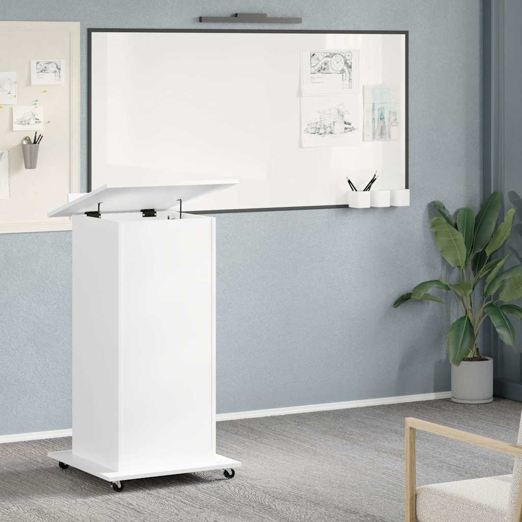 talerstol med hjul og skuffe 55x55x107 cm konstrueret træ hvid