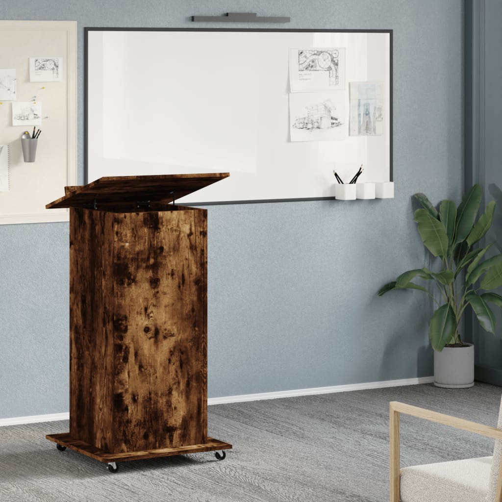 talerstol med hjul skuffe 55x55x107 cm konstrueret træ røget eg