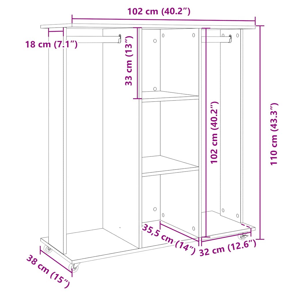 klædeskab med hjul 102x38x110 cm konstrueret træ sort