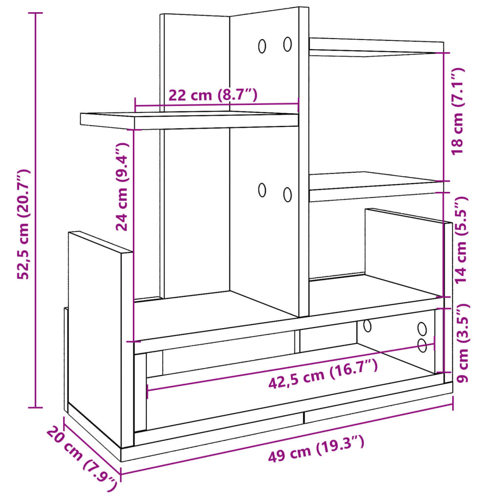hylde til skrivebord 49x20x52,5 cm konstrueret træ betongrå