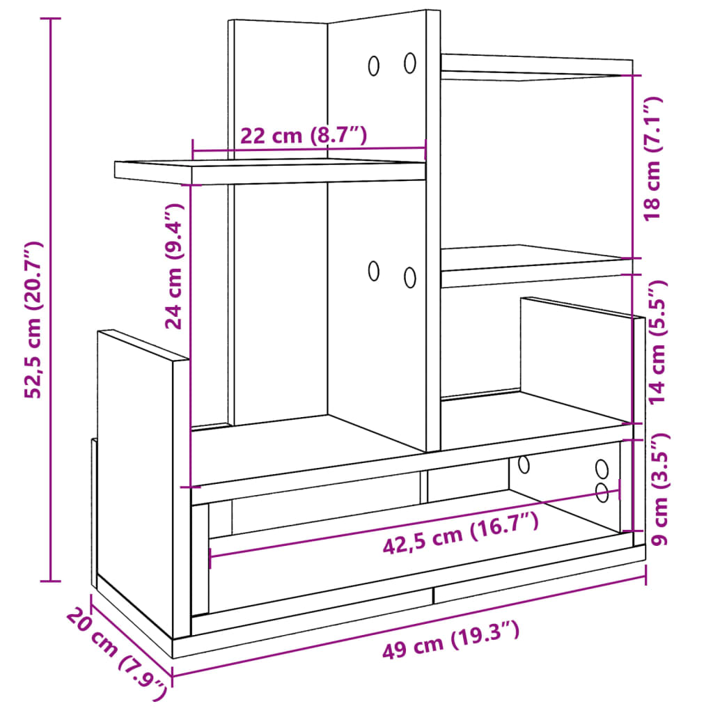 hylde til skrivebord 49x20x52,5 cm konstrueret træ grå sonoma