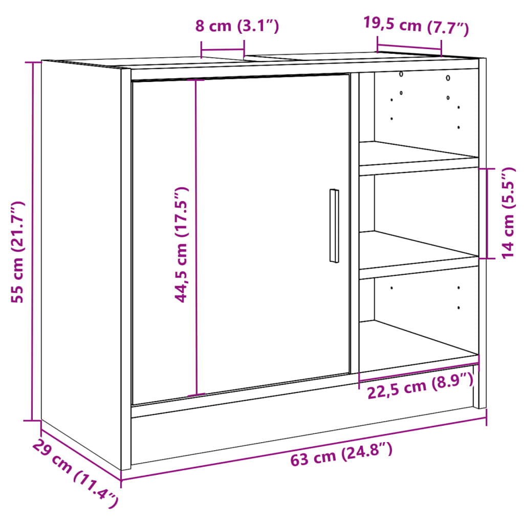 underskab til håndvask 63x29x55 cm konstrueret træ røget eg