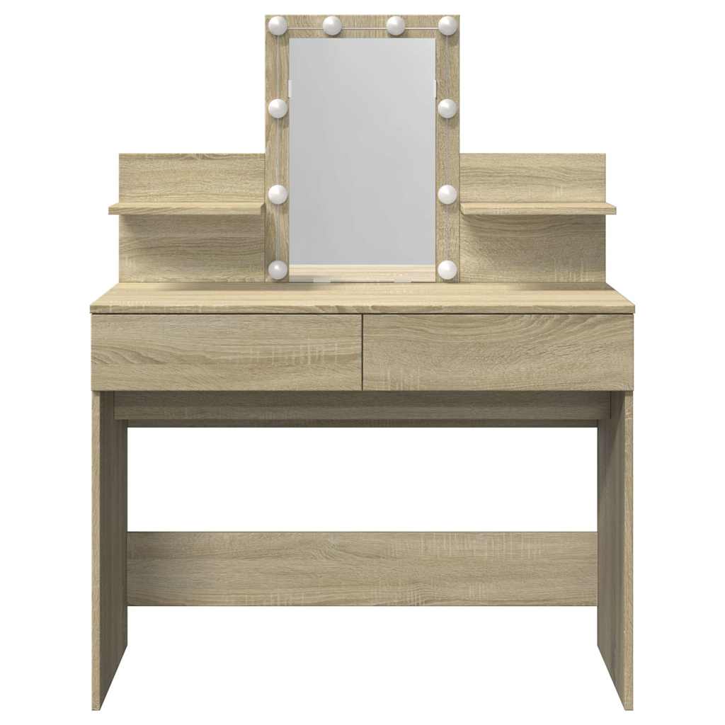 makeupbord med LED-lys 100x40x130 cm brun sonoma-eg