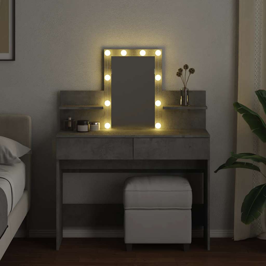 makeupbord med LED-lys 100x40x130 cm betongrå