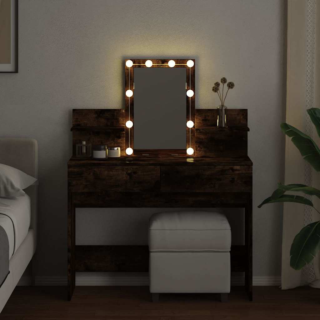 makeupbord med LED-lys 100x40x130 cm røget egetræsfarve