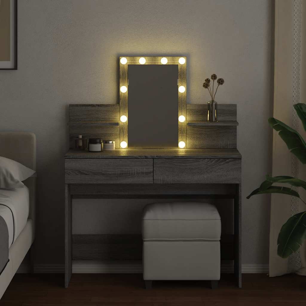 makeupbord med LED-lys 100x40x130 cm grå sonoma-eg