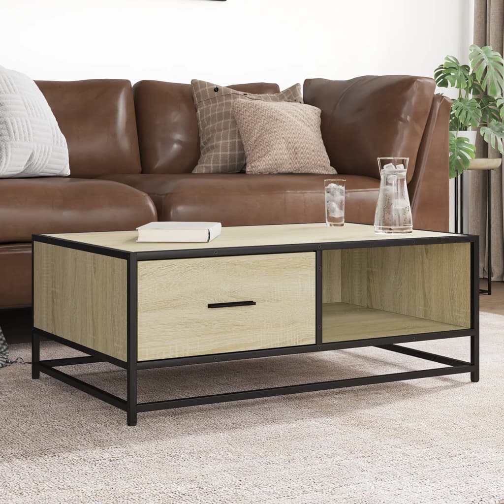 sofabord 90x57x35 cm konstrueret træ og metal sonoma-eg