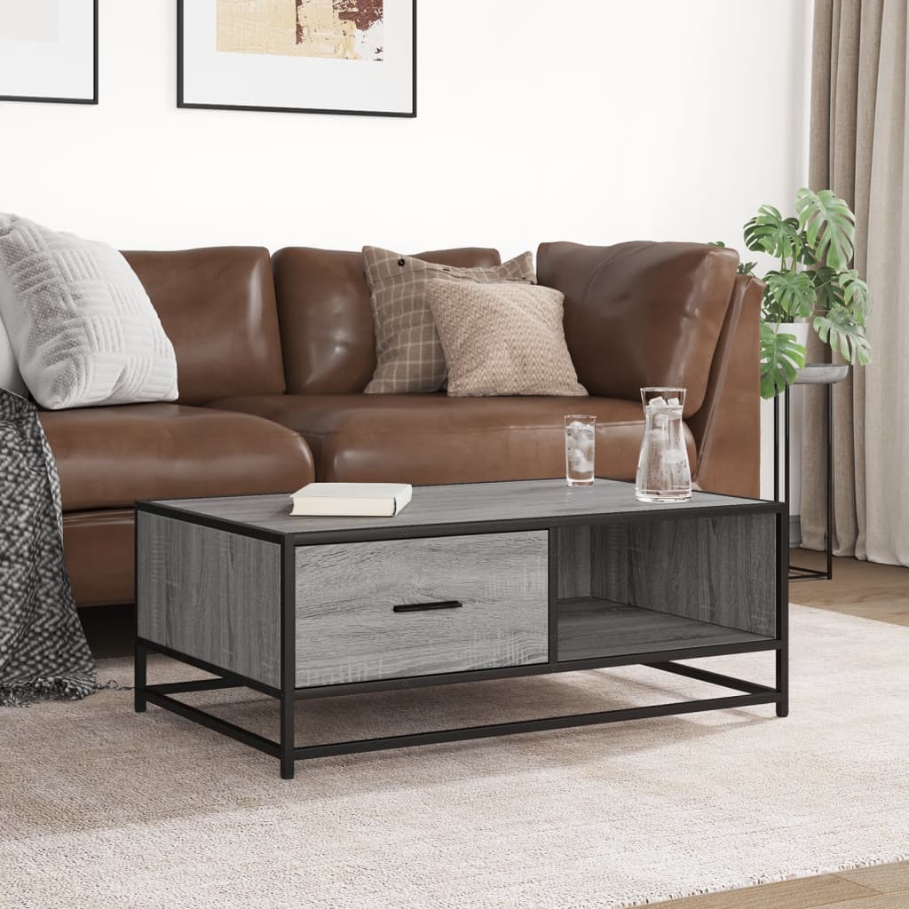 sofabord 90x57x35 cm konstrueret træ og metal grå sonoma-eg